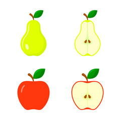 Apple and Pear icon Set, whole, half of fruit with leaf, stub. Vector isolated illustration