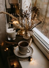coffee cup and dry brown flowers on the window
