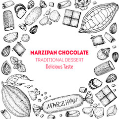 Marzipan cooking and ingredients for marzipan, sketch illustration. Almond nut and almond products. Vector illustration. Christmas sweet food frame. Design elements. Hand drawn, package design.