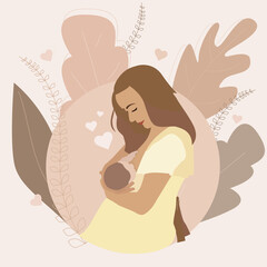 A young mother is breastfeeding a newborn baby. Flat illustration with a beautiful mother holding a baby in her arms. Mother's Day