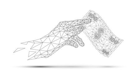 Triangular mesh hand holding  a hundred dollar bill, payments and money concept