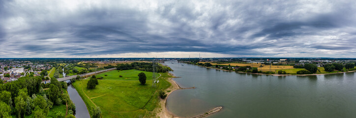 Fototapeta na wymiar Panoramic view of the rivers Rhine and Wupper near Leverkusen, Germany. Drone photography