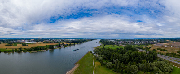 Panoramic view of the Rhine river near Leverkusen, Germany. Drone photography