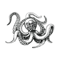 Octopus with a picture of a skull on its head. Abstraction. Black and white sketch. Handdrawn illustration engraved. Print poster for clothes, products, labels - obrazy, fototapety, plakaty