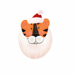 Tiger head hand drawn with beard and Christmas decorations on isolated white background for graphic design and social media