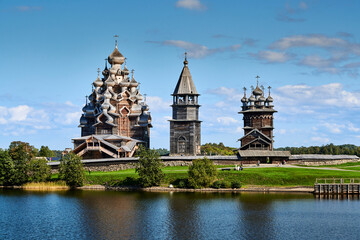Russia. Kizhi Island on Lake Onega. Wooden domes of the architectural ensemble Kizhi Pogost