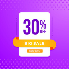 30% OFF Sale. Discount price. Marketing Announcement. Discount promotion. Special offer with 30% discount. White emblem on a lilac background.