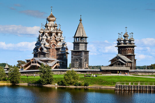 Russia. Kizhi Island on Lake Onega. Wooden domes of the architectural ensemble Kizhi Pogost