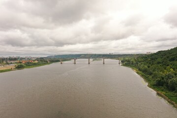 Aerial photography. View of the river, the river bank. Nizhny Novgorod, Oka River