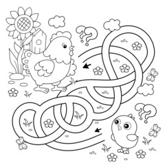 Maze or Labyrinth Game. Puzzle. Tangled road. Coloring Page Outline Of cartoon chicken with little chicks. Coloring book for kids.