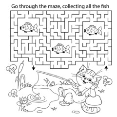 Maze or Labyrinth Game. Puzzle. Coloring Page Outline Of cartoon cat with fishing rod. Fun fisher. Coloring book for kids.