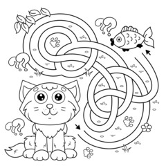 Maze or Labyrinth Game. Puzzle. Tangled road. Coloring Page Outline Of cartoon cat with fish. Coloring book for kids.