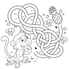 Maze or Labyrinth Game. Puzzle. Tangled road. Coloring Page Outline Of cartoon little monkey with pineapples. Collect fruits. Coloring book for kids.
