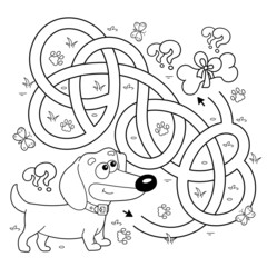 Maze or Labyrinth Game. Puzzle. Tangled road. Coloring Page Outline Of cartoon little dog with bone. Dachshund puppy. Coloring book for kids.
