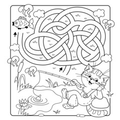 Maze or Labyrinth Game. Puzzle. Tangled road. Coloring Page Outline Of cartoon cat with fishing rod. Fun fisher. Coloring book for kids.