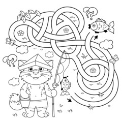Maze or Labyrinth Game. Puzzle. Tangled road. Coloring Page Outline Of cartoon cat with fishing rod. Fun fisher. Coloring book for kids.
