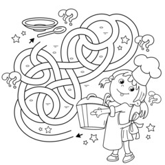 Maze or Labyrinth Game. Puzzle. Tangled road. Coloring Page Outline Of cartoon girl chef with large pot. Little cook or scullion. Profession. Coloring book for kids.