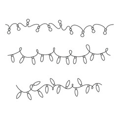 Garland lights set hand drawn vector illustration.  Various string light bulbs outline drawing. Holiday indoor and outdoor decoration. Design element for cards, banner, poster, packaging.