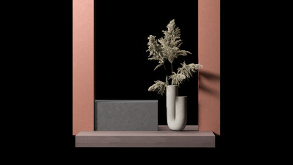 Square concrete podium display near geometric vase with flower and different abstract figures on dark background. Minimal design. Modern art. Magic realism. Copy space. 3d rendering.