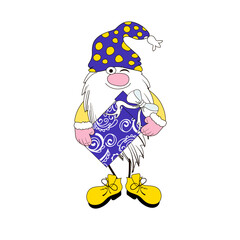 A cute Christmas gnome holding a gift with a bow drawn in a cartoon style in yellow and purple colors. Stock vector illustration isolated on white background. © Ольга Ева