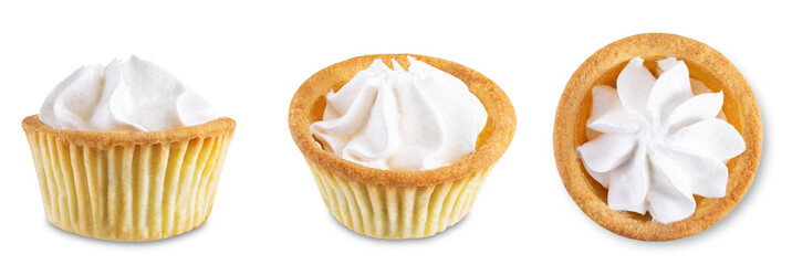 Sweet tartlets with cream on a white isolated background