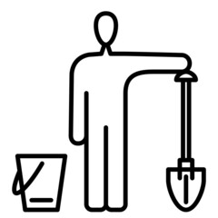 An unskilled worker, a man with a shovel and a bucket. Tools for the builder, gardener. Vector icon, outline, isolated.