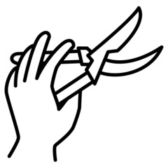 Garden pruner in hand. A gardener's tool for pruning plants. Vector icon, outline, isolated.