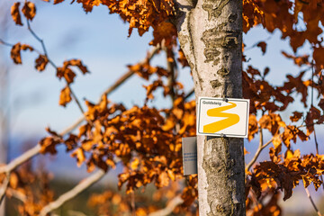 31.10.2021, GER, Bayern, Oberfrauenwald: Beschilderung des Goldsteig Wanderweges am Oberfrauenwald.