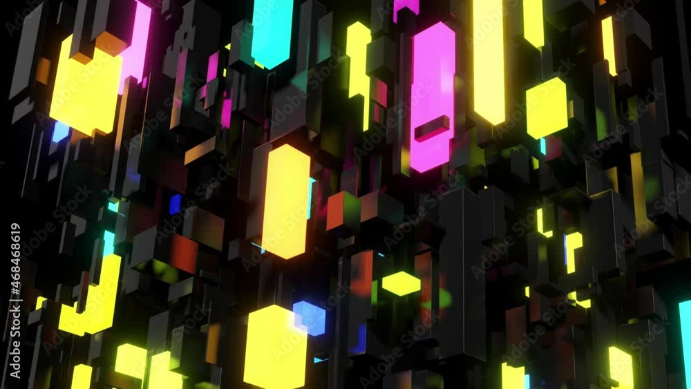 Poster abstract looped 4k dark background neon cubes light bulbs. visualisation of working ai big data or b