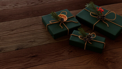 Christmas Presents on a Dark Wood floor, with Hand Crafted decorations.