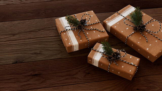 Christmas Gifts wrapped in Brown paper with Eco-Friendly decorations.