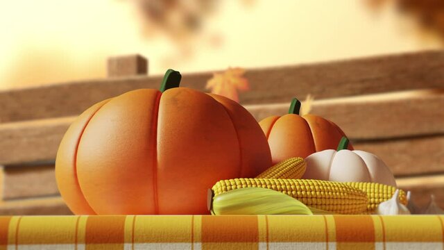 Thanksgiving holiday mood. Vegetable composition on table. Dynamic rotation. Orange pumpkins, corn, garlic. Falling maple leaves, wooden fence on background. Autumn season Cozy Festive 3D Render scene