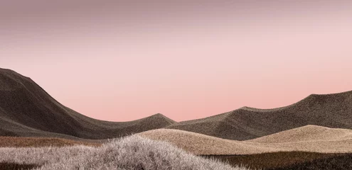 Deurstickers Surrealistisch bergenlandschap met bruine toppen en roze lucht. Minimale moderne abstracte achtergrond. Shaggy oppervlak met een licht geluid. 3D-rendering © ekostsov