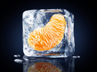 A slice of tangerine in a cube of pure ice on a dark background.