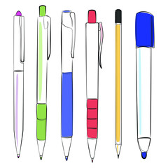 Big set of colored office pens, engineering pencil and marker one line drawing on white isolated background. Vector illustration
