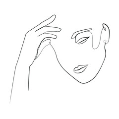 The woman rests her head on her hand in thought and fatigue, the headache prevents her from concentrating line drawing on white isolated background. Vector illustration