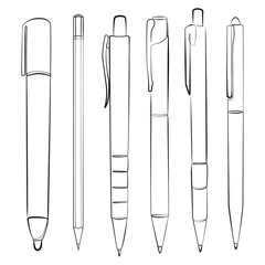 Big set of engineering pencils and office pens one line drawing on white isolated background. Vector illustration