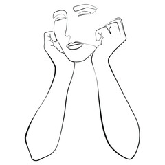 The person sits and smiles dreamily holding his hands under his head line drawing on white isolated background. Vector illustration