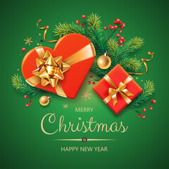 Fototapeta na wymiar Square banner with Christmas symbols and text. Christmas tree, gifts, balls, decoration and other festive elements on green background.