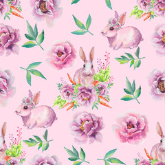 Pink rabbit and peonies, seamless bright floral pattern for fabric, printing on paper, tiles, film. Delicate pink flowers. Floral background.