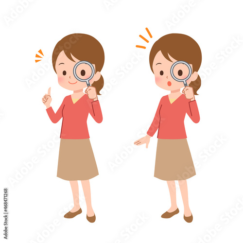 虫眼鏡で観察する女性のイラスト Poster Posters Amirian