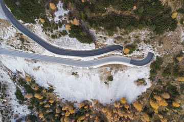 Aerial view of  Passo Falzarego near Cortina d'Ampezzo in the Dolomites during autumn