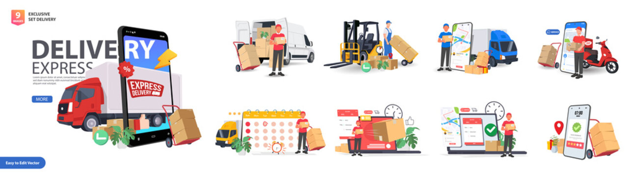 Exclusive Delivery bundle with people characters, Scooters, Truck, and Smartphone. Online order and couriers delivery at home, global shipping and local distribution, logistics situations. 