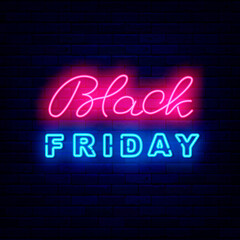 Fototapeta na wymiar Black friday neon lettering on brick wall. Template for sale. Shiny logo for market. Isolated vector illustration