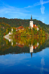 Fototapeta na wymiar Church of Assumption in Lake Bled, Slovenia