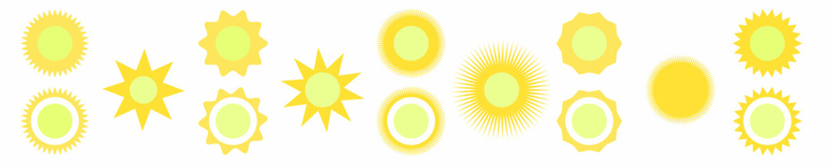 Yellow sun icon set 14 in 1. Flat sun icon. Sun pictogram. Isolated vector symbol.