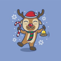 cute cartoon reindeer with candy and christmas bell. vector illustration for mascot logo or sticker