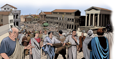 Obraz na płótnie Canvas Ancient Rome - Crowd of men and women passing through the Roman Forum
