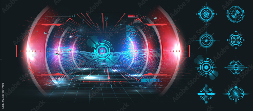 Leinwandbilder HUD, GUI, FUI Modern Aiming System Device tilt level. Futuristic Head-up display design. Spaceship, drone, helmet, aim. Target control panel or radar digital screen, game UI and crosshair dashboard