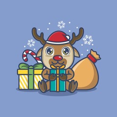 cute cartoon reindeer with christmas gifts. vector illustration for mascot logo or sticker
